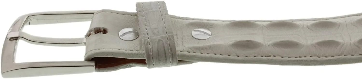 El Presidente Mens Off White Belt Crocodile Tail Print Leather Belt Silver Buckle