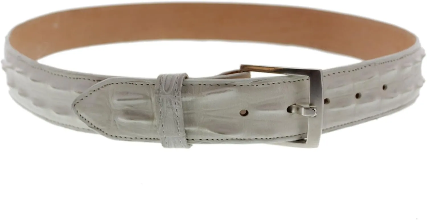 El Presidente Mens Off White Belt Crocodile Tail Print Leather Belt Silver Buckle