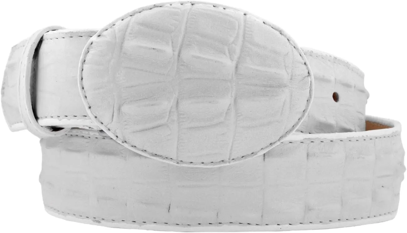 El Presidente Mens White Cowboy Belt Crocodile Tail Print Leather Belt Round Buckle