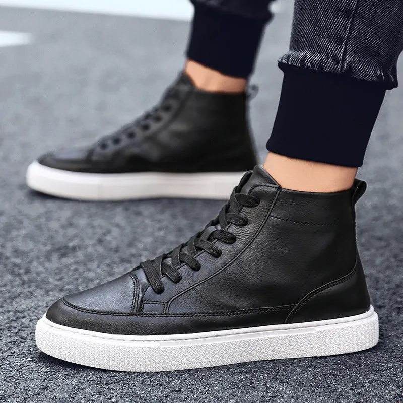 Leather shoes plus velvet warm high-top sneakers