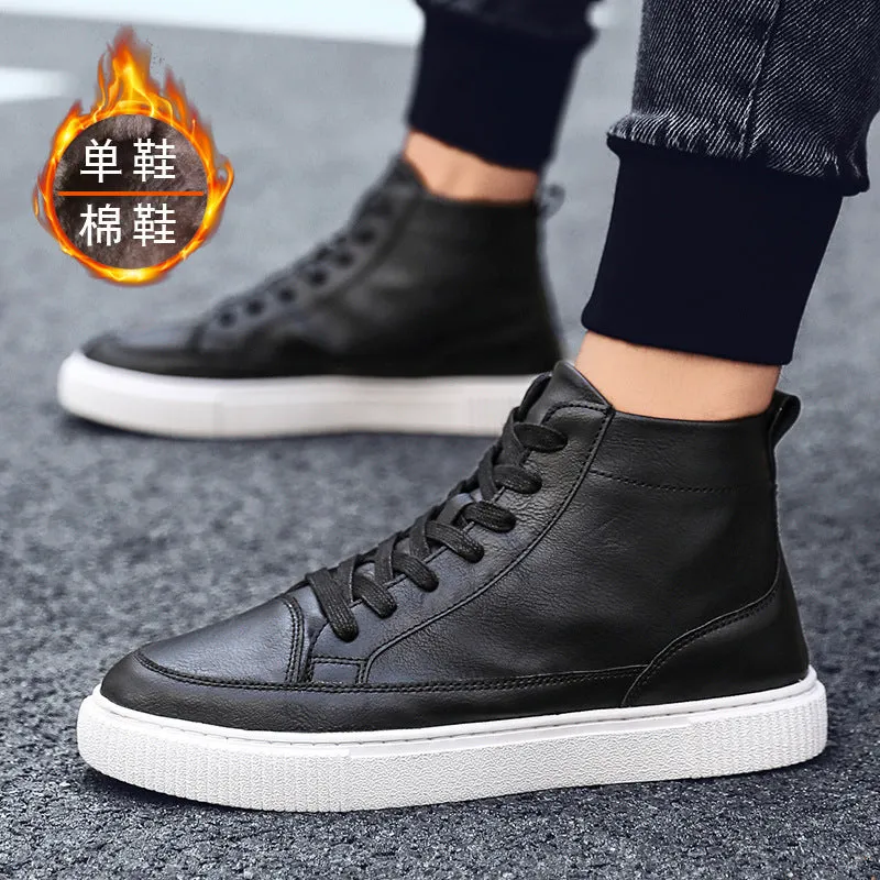 Leather shoes plus velvet warm high-top sneakers