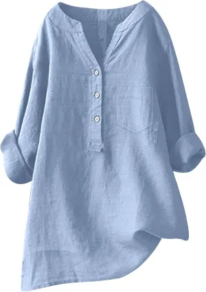 Linen Shirts for Women Summer Linen Button Long Sleeve T-Shirts Casual Loose Fit Fashion V Neck Blouses