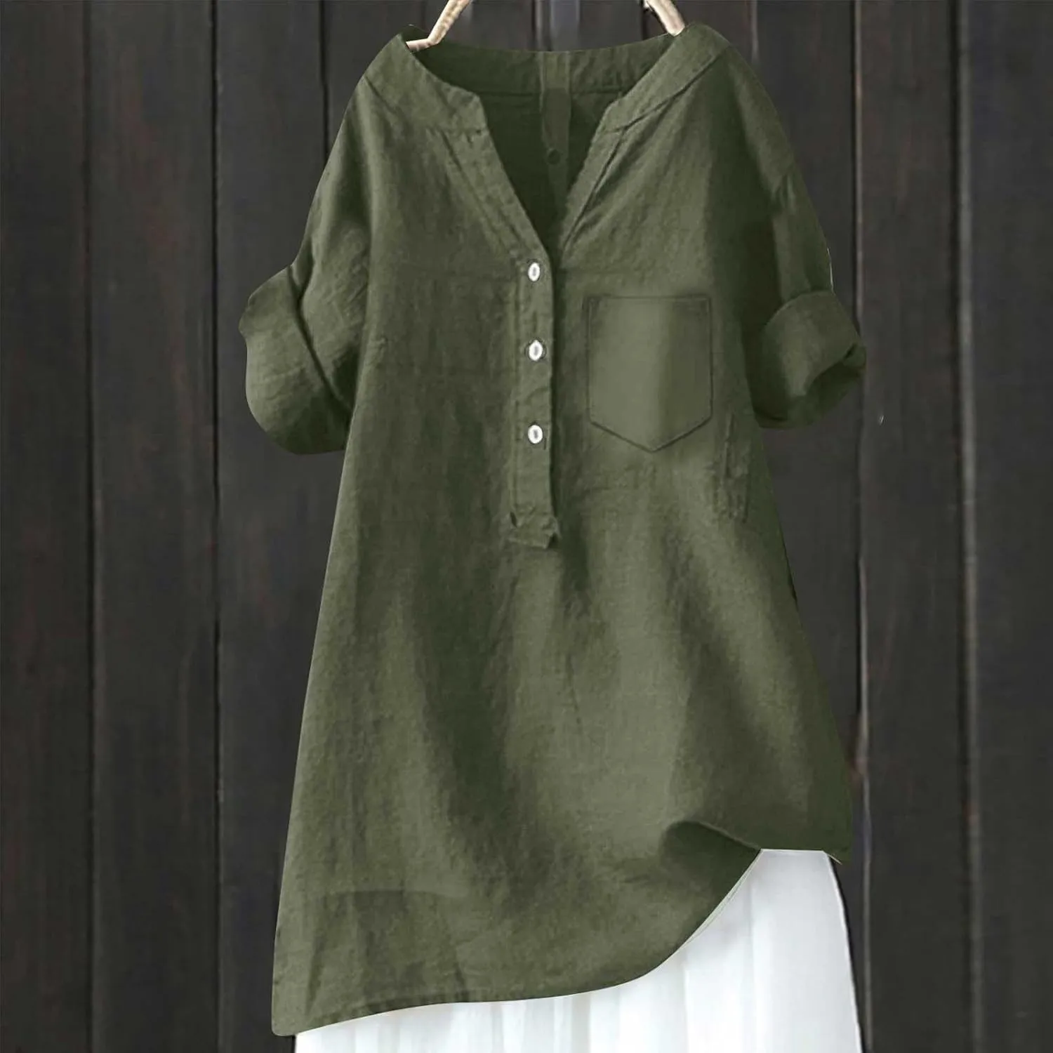 Linen Shirts for Women Summer Linen Button Long Sleeve T-Shirts Casual Loose Fit Fashion V Neck Blouses