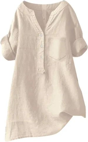 Linen Shirts for Women Summer Linen Button Long Sleeve T-Shirts Casual Loose Fit Fashion V Neck Blouses