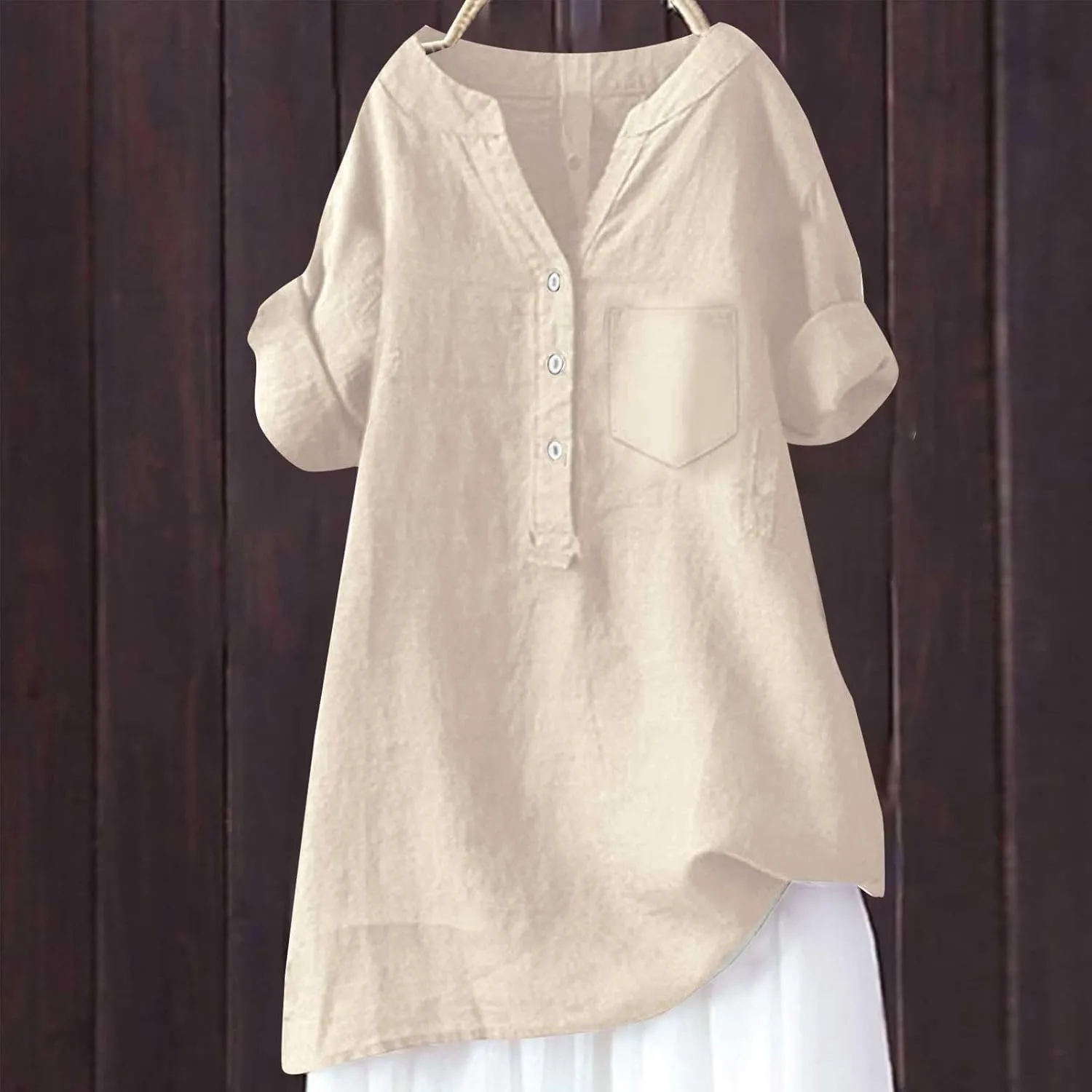 Linen Shirts for Women Summer Linen Button Long Sleeve T-Shirts Casual Loose Fit Fashion V Neck Blouses