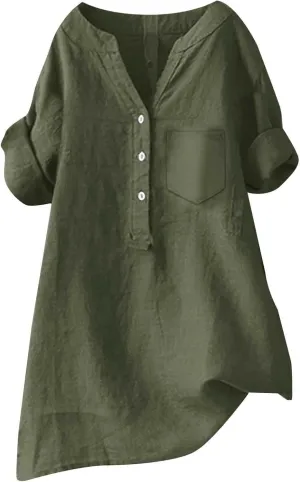 Linen Shirts for Women Summer Linen Button Long Sleeve T-Shirts Casual Loose Fit Fashion V Neck Blouses