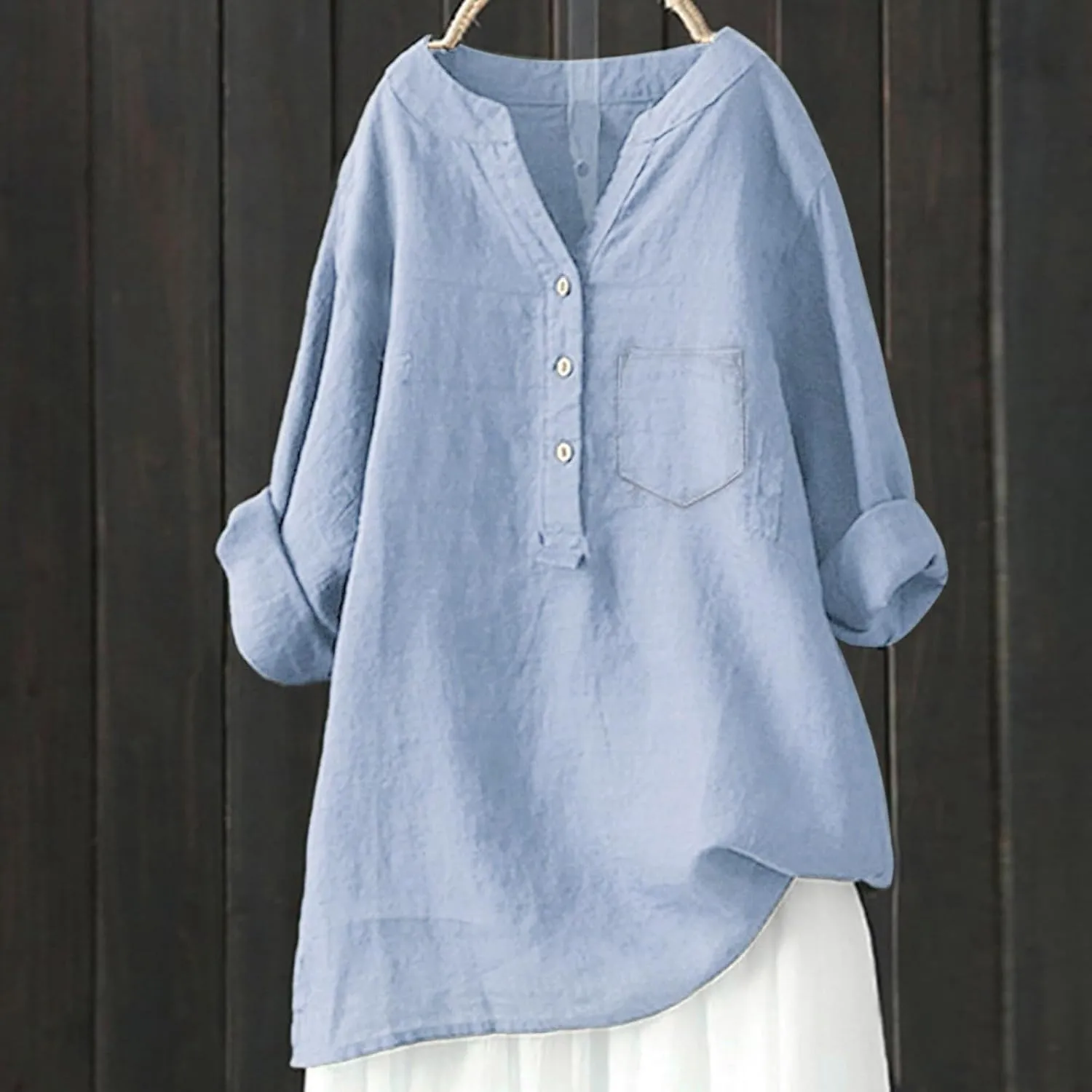 Linen Shirts for Women Summer Linen Button Long Sleeve T-Shirts Casual Loose Fit Fashion V Neck Blouses