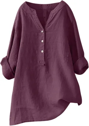 Linen Tops for Women Oversized Crewneck Summer Short Sleeve Linen Tee Shirts Buttons Casual Comfy Blouse Tops
