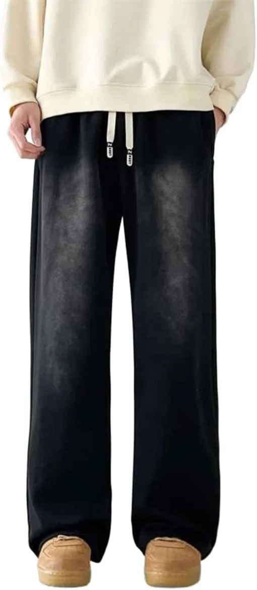 Men's Baggy Jeans with Elastic Waist High Waisted Casual Drawstring Pull On Straight Leg Stretch Denim Pants Streetwear S-4XL