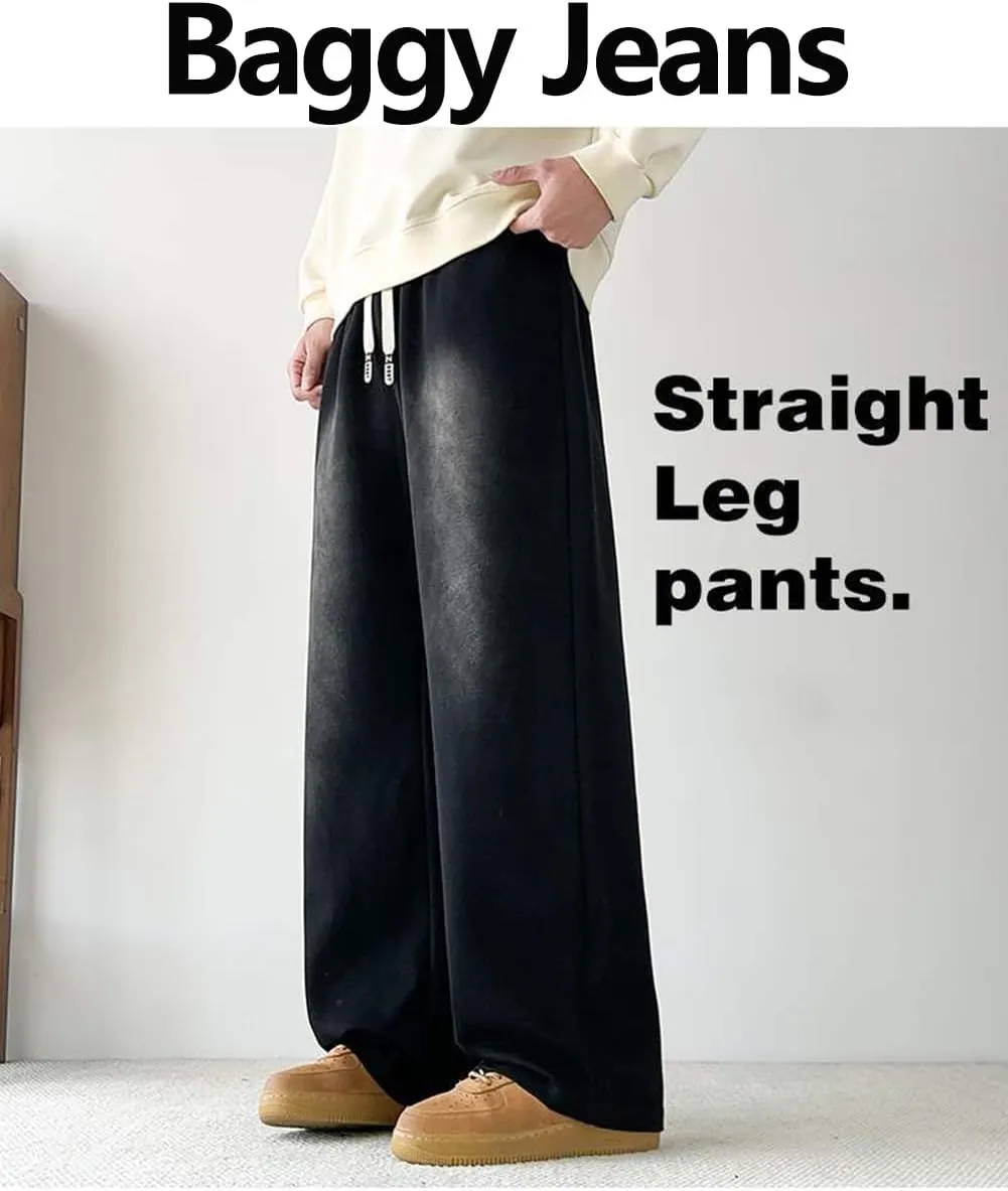 Men's Baggy Jeans with Elastic Waist High Waisted Casual Drawstring Pull On Straight Leg Stretch Denim Pants Streetwear S-4XL