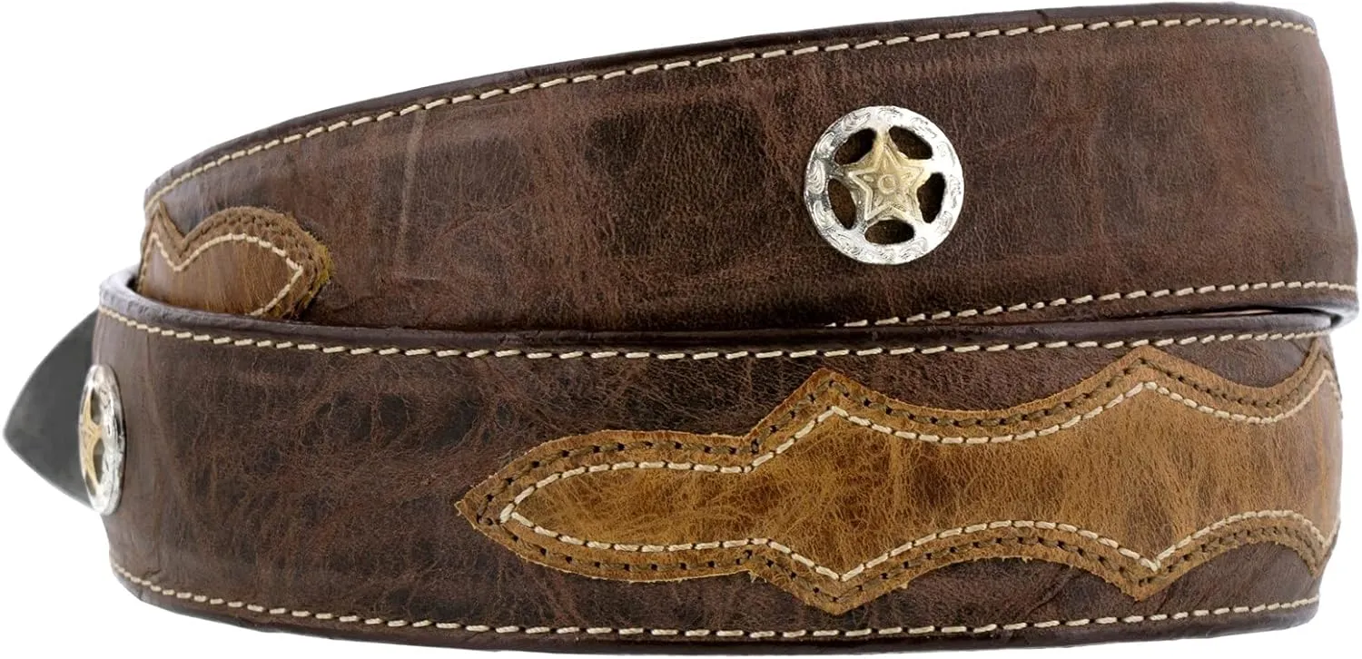 Mens Brown Ranger Star Concho Cowboy Belt Overlay Leather Cinto