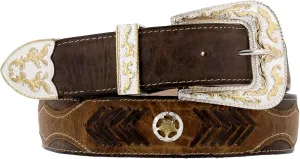 Mens Brown Ranger Star Concho Cowboy Belt Overlay Leather Cinto
