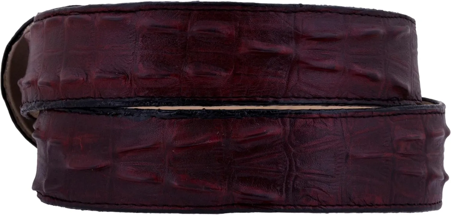 Mens Burgundy Cowboy Belt Crocodile Tail Print Leather Belt Round Buckle