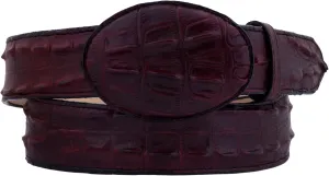 Mens Burgundy Cowboy Belt Crocodile Tail Print Leather Belt Round Buckle