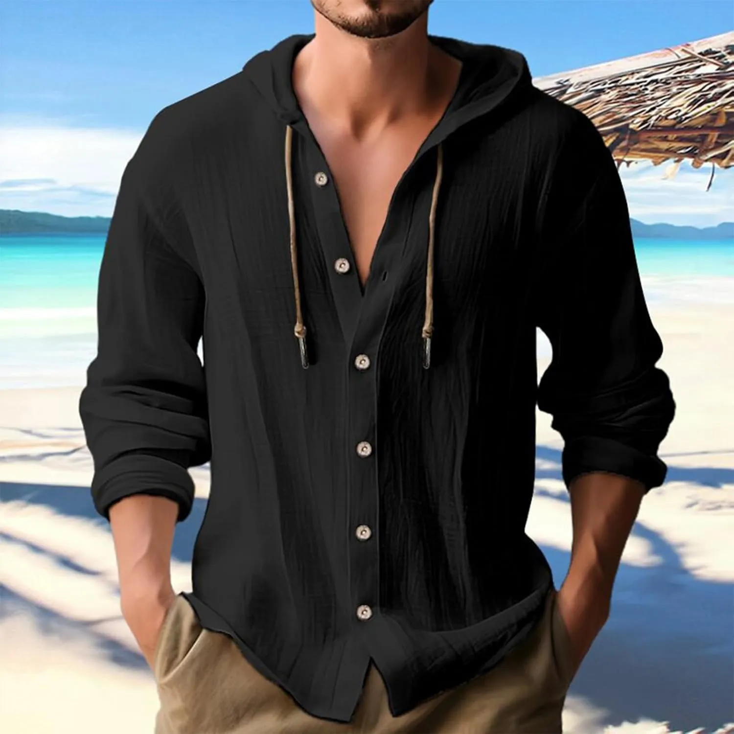 Mens Cotton Linen Hoodie,Long Sleeve Lightweight Breathable Hooded Button Down Shirt Spring Fall Casual Top