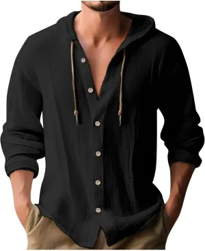 Mens Cotton Linen Hoodie,Long Sleeve Lightweight Breathable Hooded Button Down Shirt Spring Fall Casual Top
