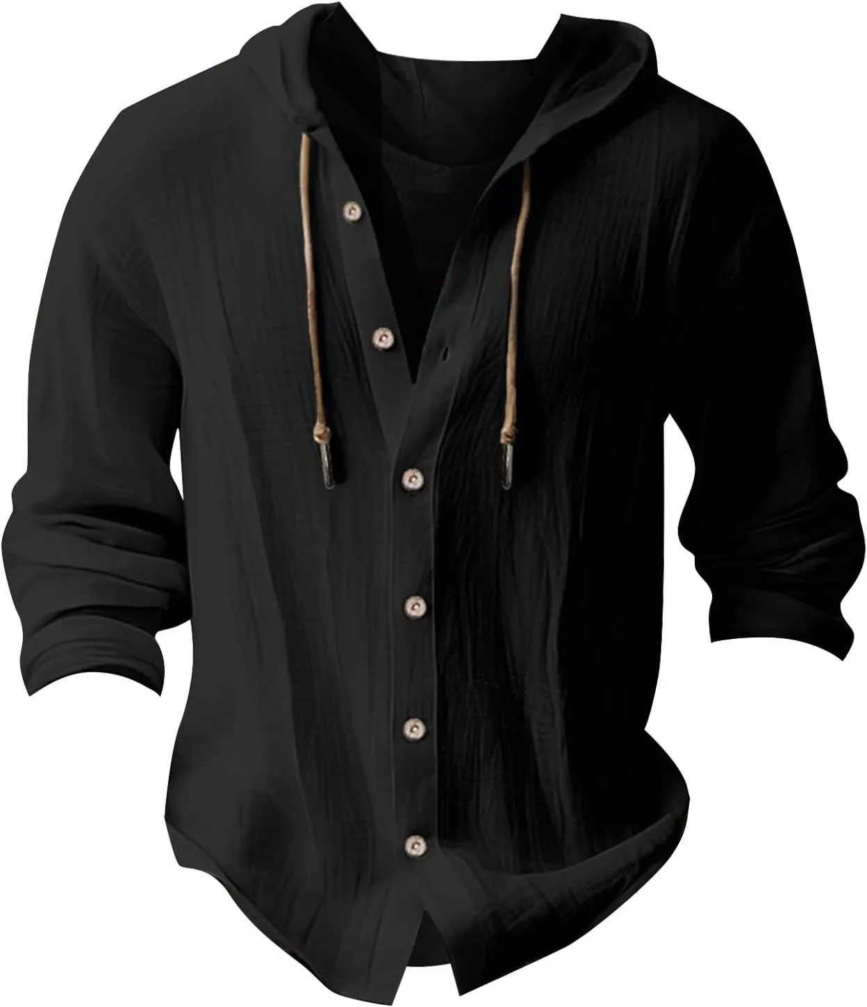 Mens Cotton Linen Hoodie,Long Sleeve Lightweight Breathable Hooded Button Down Shirt Spring Fall Casual Top