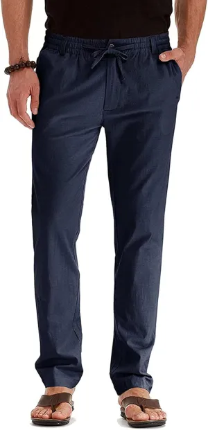 Men's Cotton Linen Pants Elastic Waist Drawstring Casual Trouser Lightweight Straight Leg Loose Fit Beach Trouser