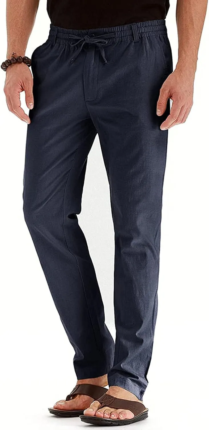 Men's Cotton Linen Pants Elastic Waist Drawstring Casual Trouser Lightweight Straight Leg Loose Fit Beach Trouser