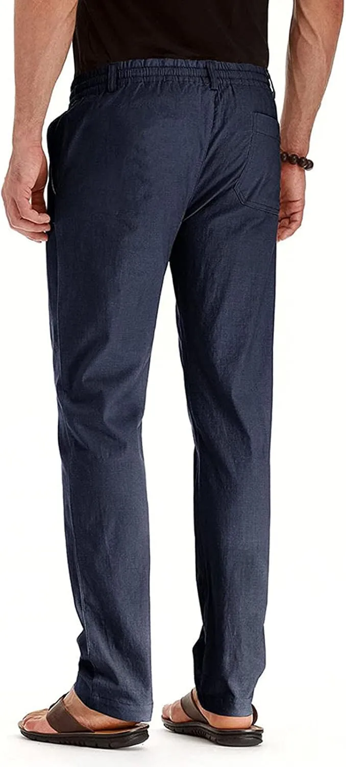 Men's Cotton Linen Pants Elastic Waist Drawstring Casual Trouser Lightweight Straight Leg Loose Fit Beach Trouser