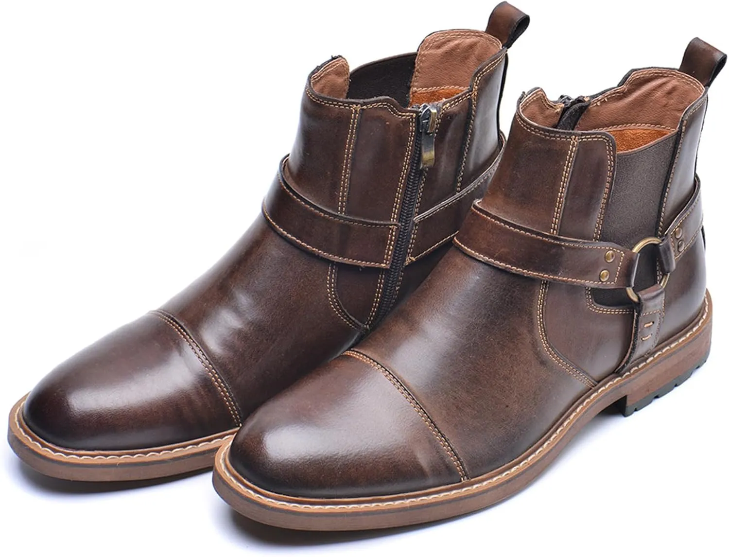 Men's Genuine Leather Dress Chelsea Boots with Belt Buckle Classic Cap Toe Side Zipper Chukka Boots Comfortable Business Casual High Top Formal Oxford Shoes