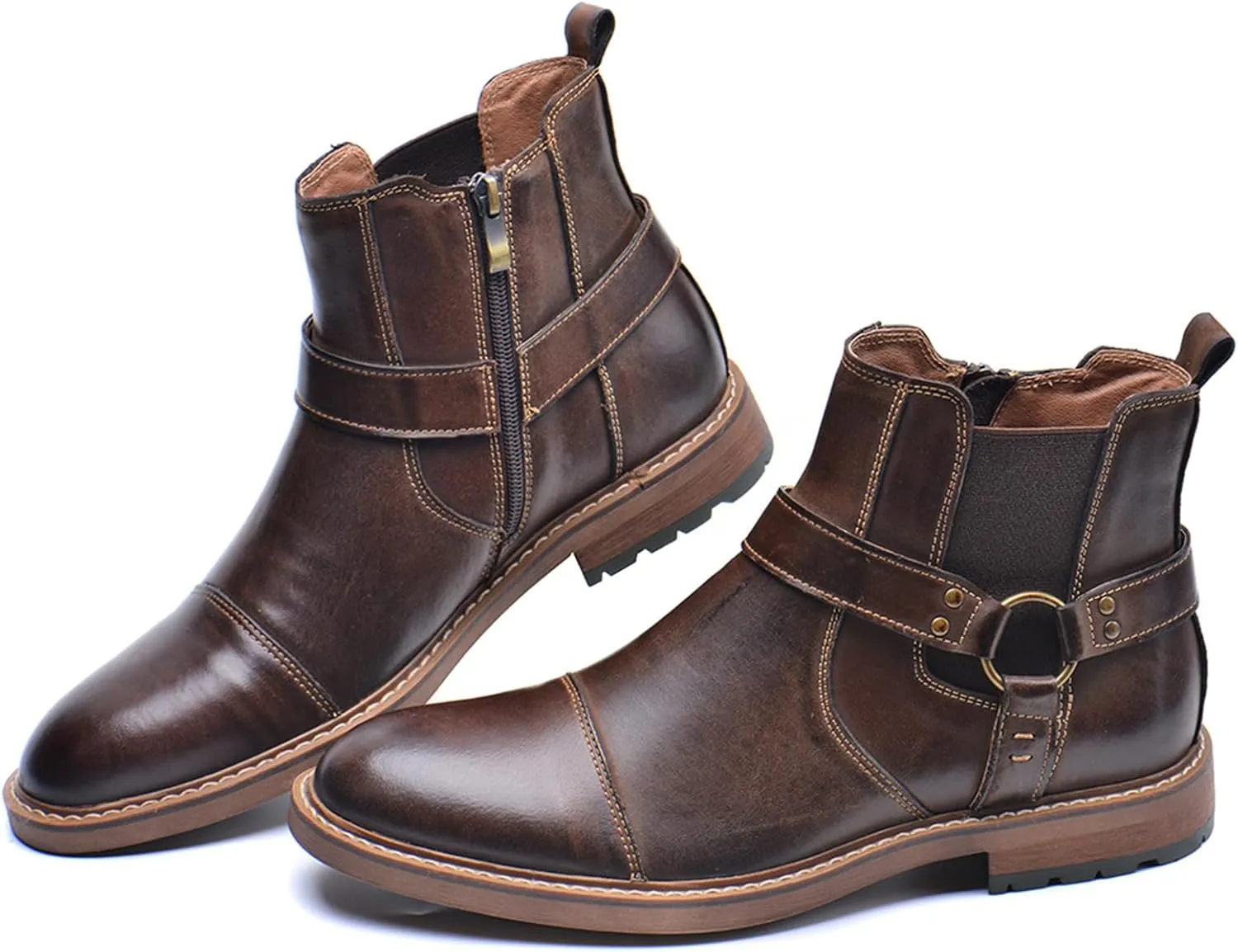 Men's Genuine Leather Dress Chelsea Boots with Belt Buckle Classic Cap Toe Side Zipper Chukka Boots Comfortable Business Casual High Top Formal Oxford Shoes