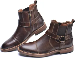 Men's Genuine Leather Dress Chelsea Boots with Belt Buckle Classic Cap Toe Side Zipper Chukka Boots Comfortable Business Casual High Top Formal Oxford Shoes