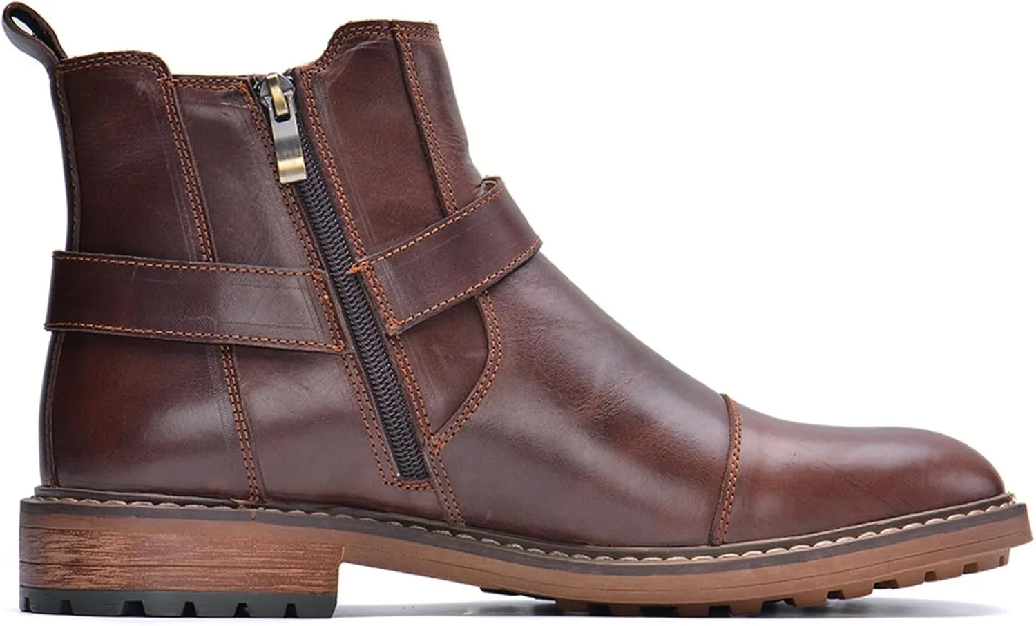 Men's Genuine Leather Dress Chelsea Boots with Belt Buckle Classic Cap Toe Side Zipper Chukka Boots Comfortable Business Casual High Top Formal Oxford Shoes