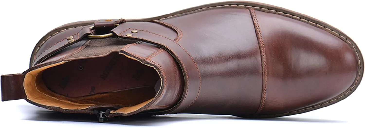 Men's Genuine Leather Dress Chelsea Boots with Belt Buckle Classic Cap Toe Side Zipper Chukka Boots Comfortable Business Casual High Top Formal Oxford Shoes