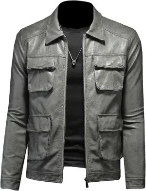 Men’s Lapel Motorcycle Leather Jacket Slim Fit Midweight Winter Casual Coat
