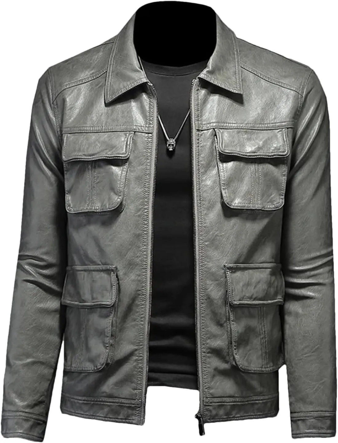 Men’s Lapel Motorcycle Leather Jacket Slim Fit Midweight Winter Casual Coat