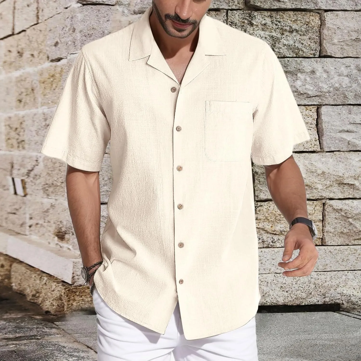 Mens Linen Shirts Short Sleeve Button Down Shirts Cotton Summer Beach Cuban Shirts Long Sleeve Undershirts for Men Shirt