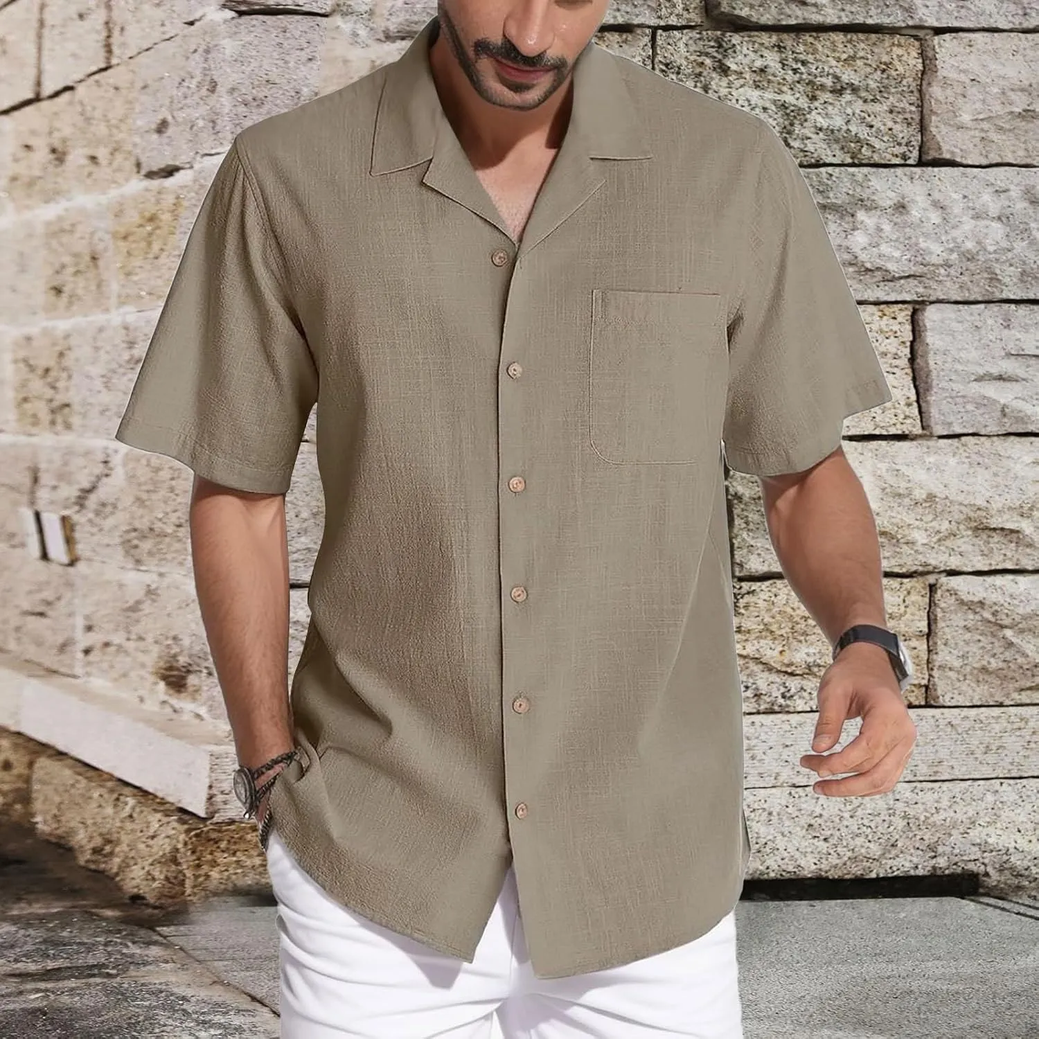 Mens Linen Shirts Short Sleeve Button Down Shirts Cotton Summer Beach Cuban Shirts Long Sleeve Undershirts for Men Shirt