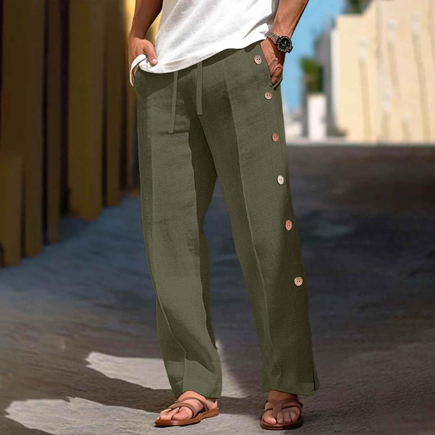 Men's Loose Cotton Side Button Trousers Summer Casual Trouser Breathable Trousers Workout & Training Pants