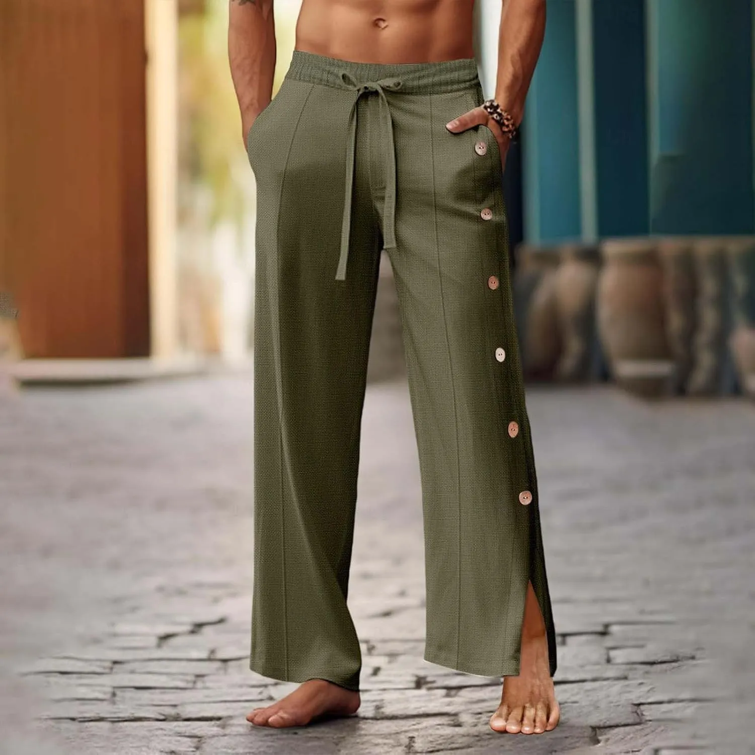 Men's Loose Cotton Side Button Trousers Summer Casual Trouser Breathable Trousers Workout & Training Pants