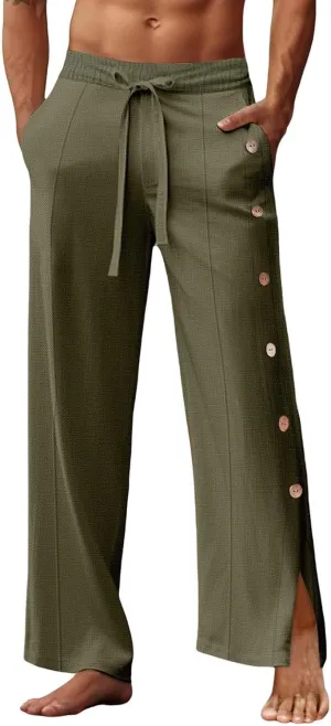 Men's Loose Cotton Side Button Trousers Summer Casual Trouser Breathable Trousers Workout & Training Pants