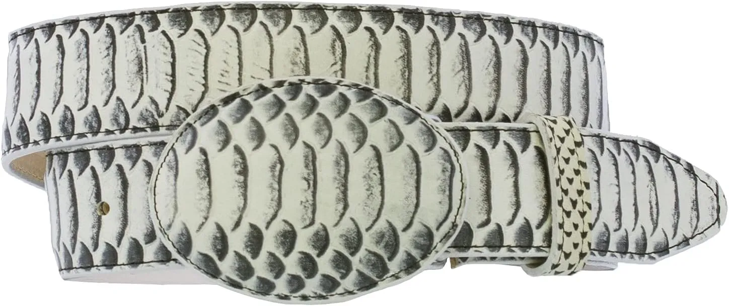 Mens Natural Snake Python Print Leather Cowboy Belt Rodeo Buckle
