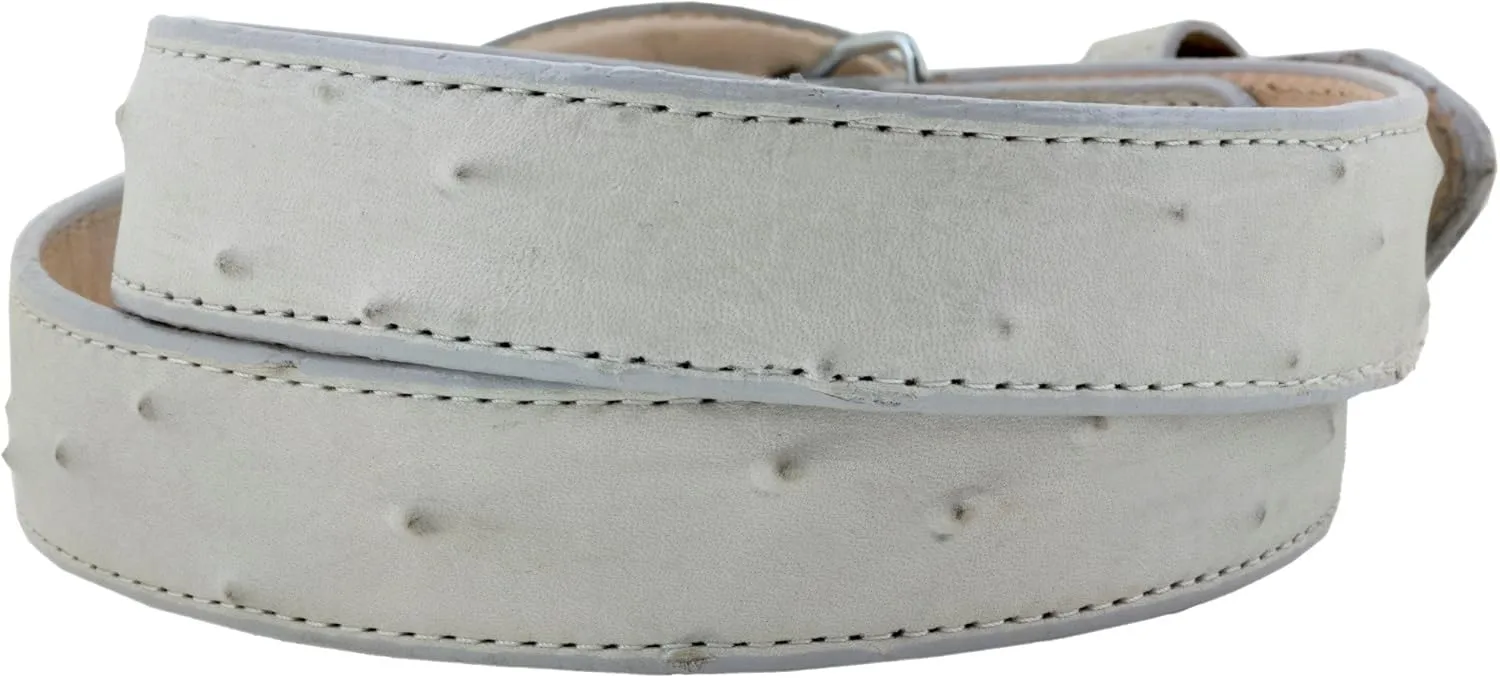 Mens Off White Ostrich Quill Print Leather Western Cowboy Belt Rodeo Buckle