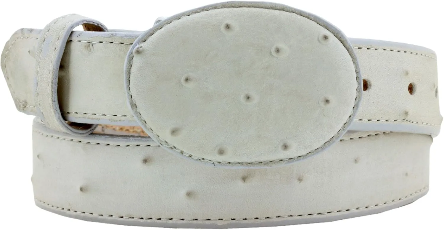 Mens Off White Ostrich Quill Print Leather Western Cowboy Belt Rodeo Buckle