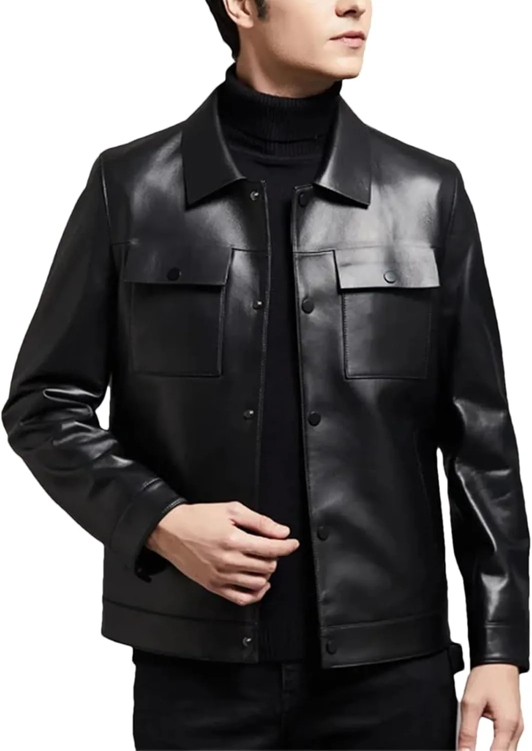 Men’s Sheepskin Motorcycle Jacket Turn-Down Collar Spring Layered Casual Coat