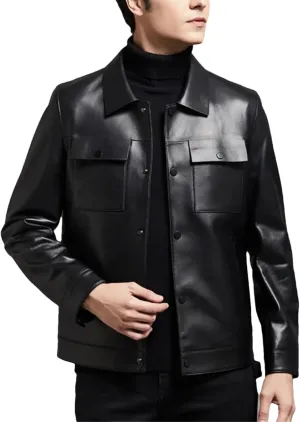 Men’s Sheepskin Motorcycle Jacket Turn-Down Collar Spring Layered Casual Coat