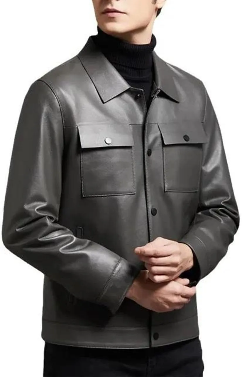 Men’s Sheepskin Motorcycle Jacket Turn-Down Collar Spring Layered Casual Coat