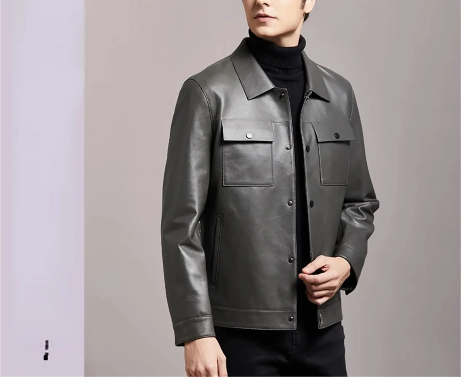 Men’s Sheepskin Motorcycle Jacket Turn-Down Collar Spring Layered Casual Coat