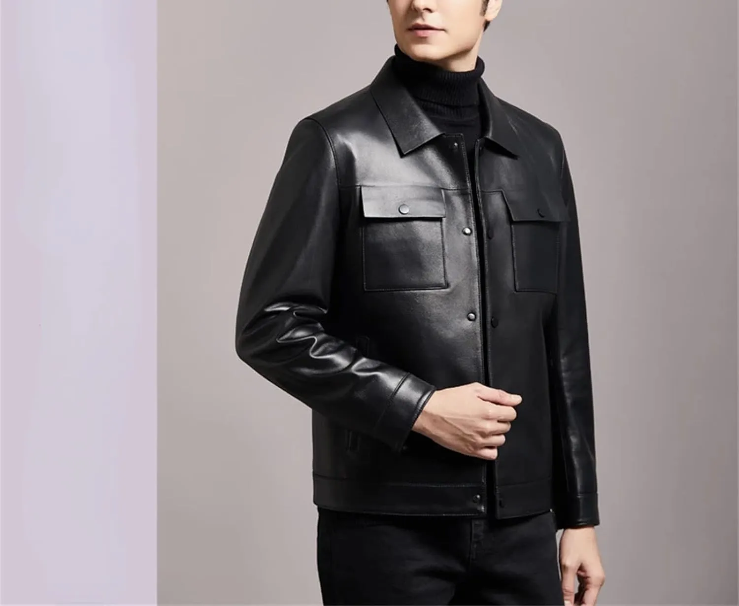 Men’s Sheepskin Motorcycle Jacket Turn-Down Collar Spring Layered Casual Coat