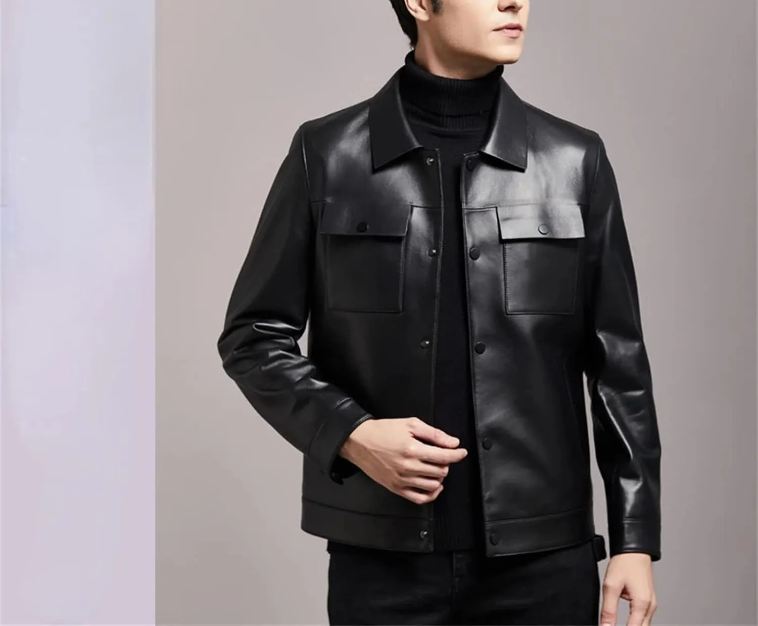 Men’s Sheepskin Motorcycle Jacket Turn-Down Collar Spring Layered Casual Coat