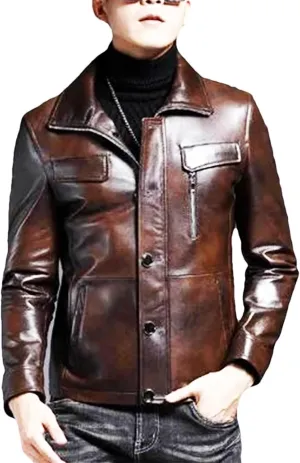 Men’s Short Style Sheepskin Leather Jacket Motorcycle Spring Midweight Coat