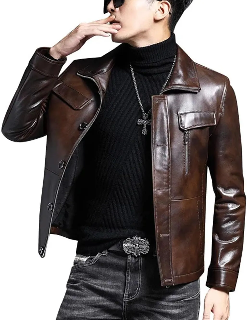Men’s Short Style Sheepskin Leather Jacket Motorcycle Spring Midweight Coat
