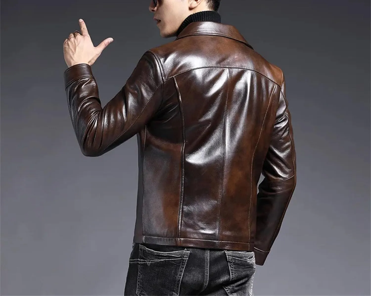 Men’s Short Style Sheepskin Leather Jacket Motorcycle Spring Midweight Coat
