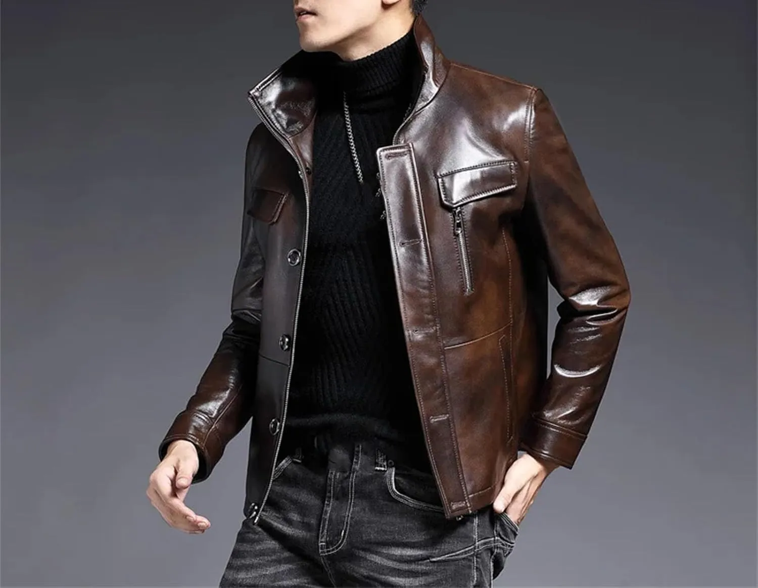 Men’s Short Style Sheepskin Leather Jacket Motorcycle Spring Midweight Coat
