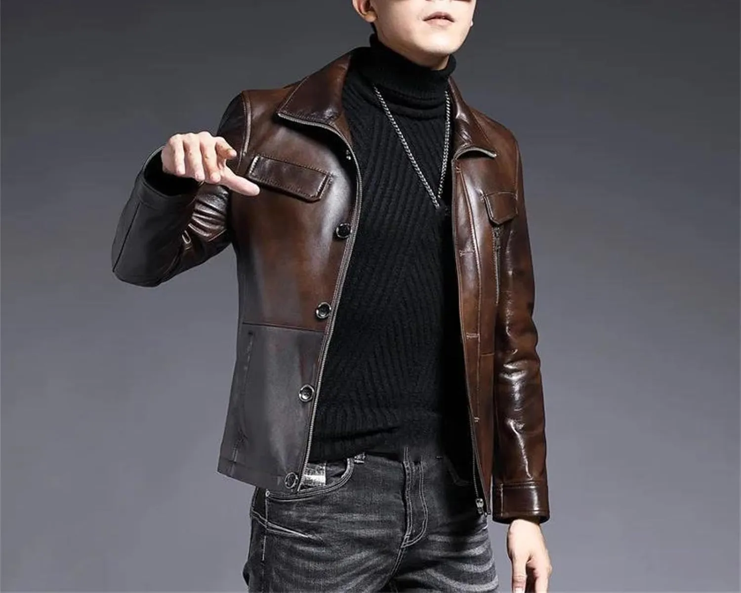 Men’s Short Style Sheepskin Leather Jacket Motorcycle Spring Midweight Coat